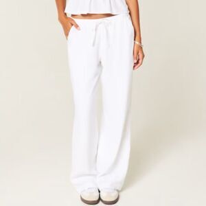 Hollister Linen Blend Pants Pull On Baggy Wide Leg White NEW Size XL Long